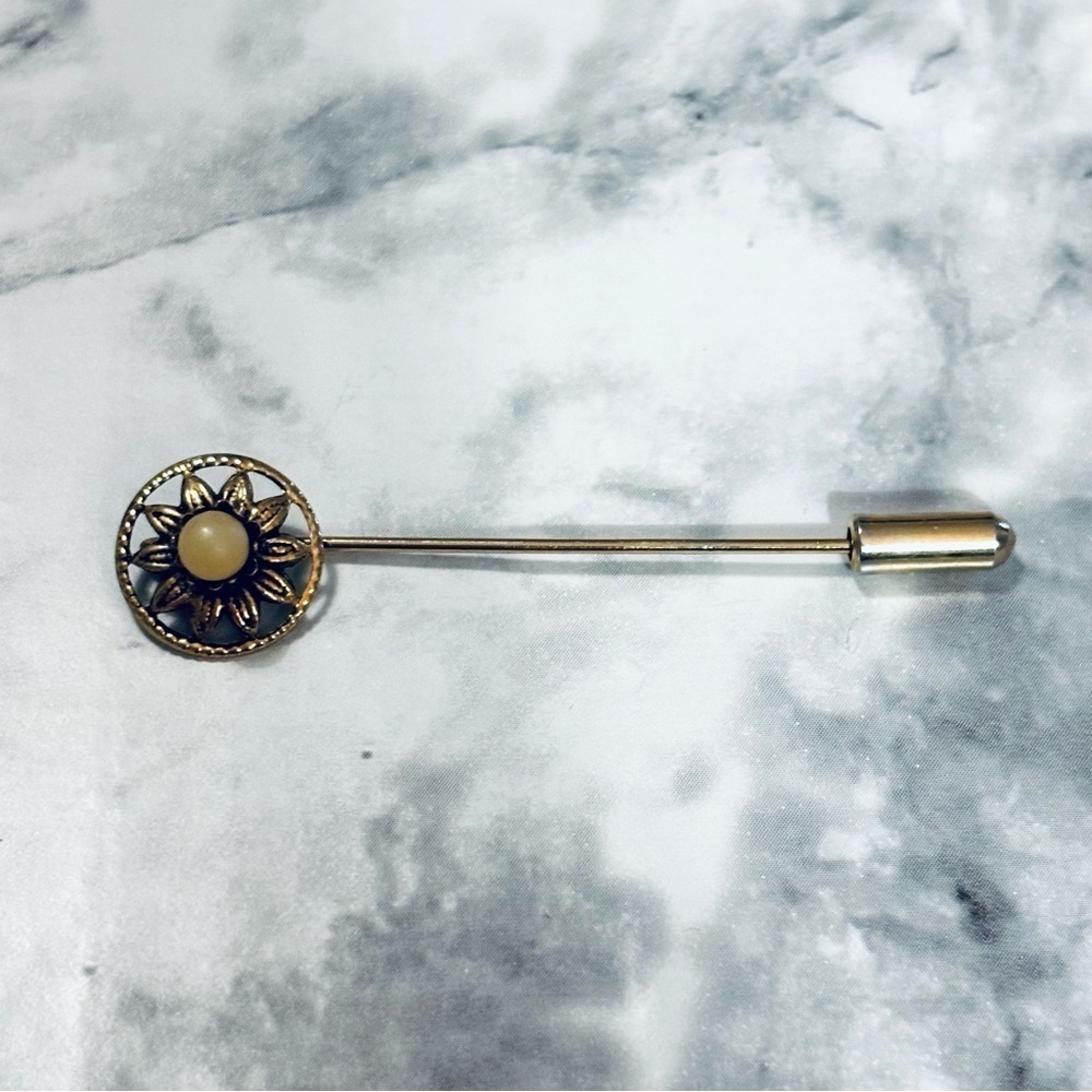 Vintage Gold Tone Faux Pearl Stick Pin Hat Brooch Sun Flower Sunflower